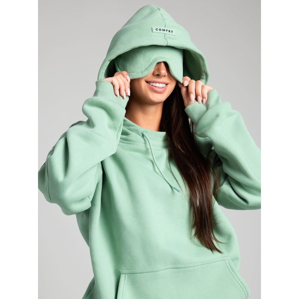 Comfrt Airplane Mode Travel Hoodie Light Green Sweatshirt Eye Mask Size Medium